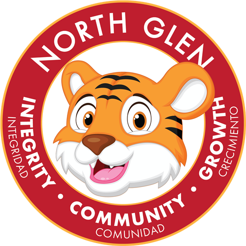 North Glen Elementary School logo. Red circle with the words Integrity (Integridad), Community (Communidad), Growth (Crecimento) surrounding the school mascot, Glen the Tiger. 